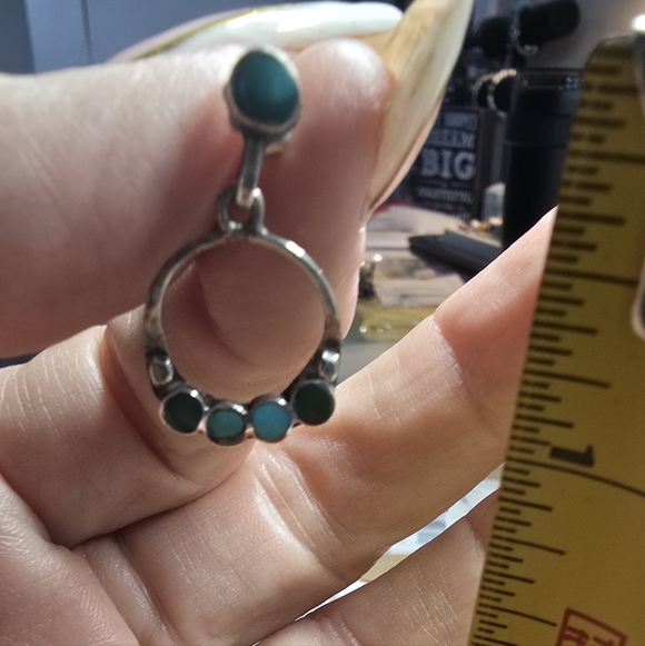 Vintage Zuni Silver and Turquoise Hoop Earrings - Picture 4 of 4